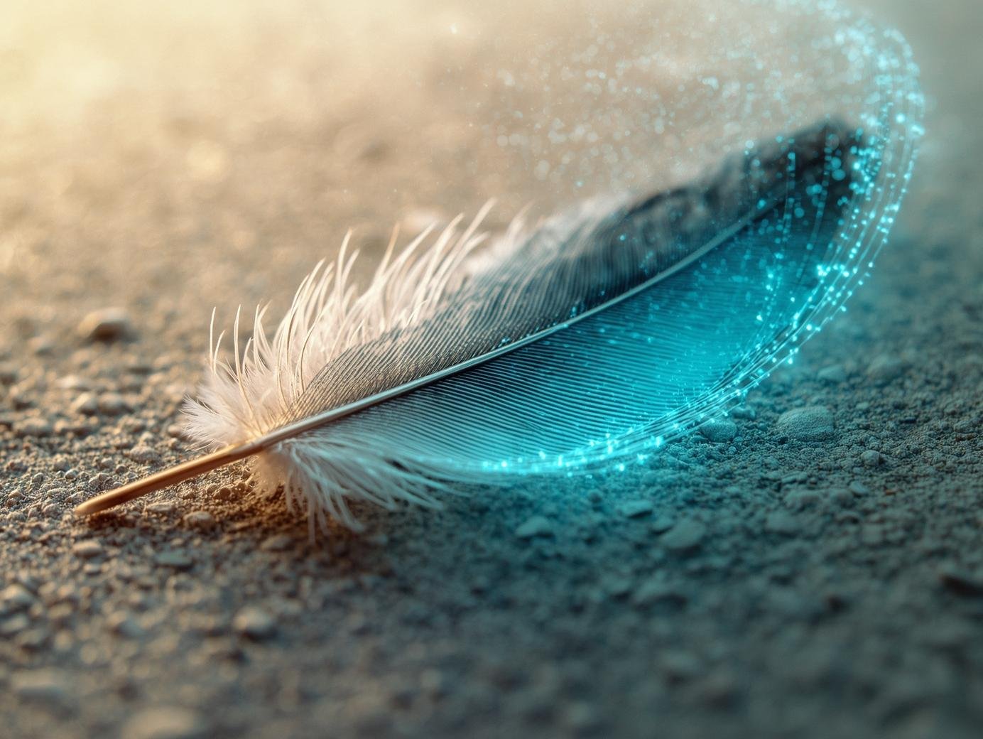 Piuma digitale su fondo sabbioso, simbolo di leggerezza e sperimentazione