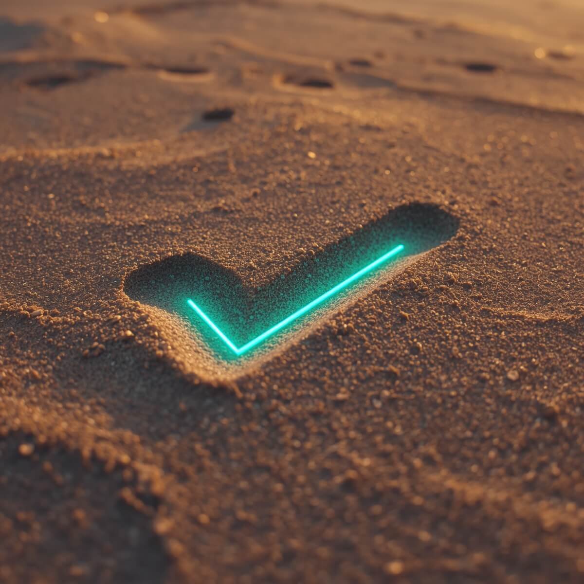 Segno di spunta luminoso nella sabbia: il modulo 0 è completato