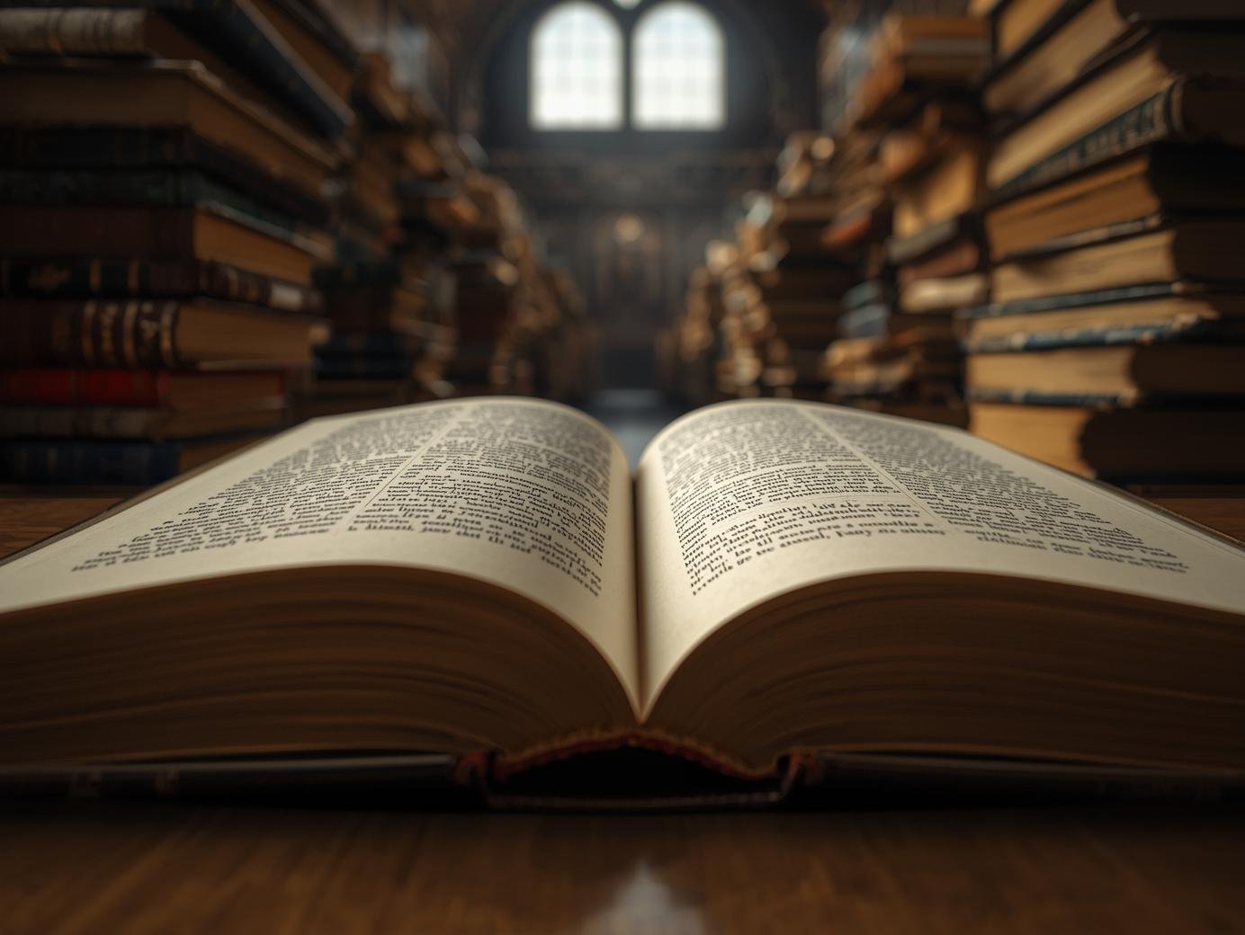 Libri aperti e scaffali in una biblioteca, simbolo di studio e conoscenza